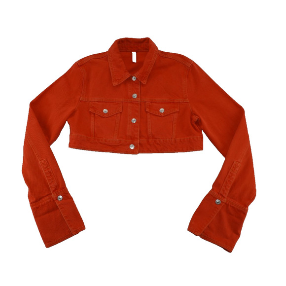 ZARA red Orange Cropped Denim Jacket Women’s Size Large Button Front Long Sleeve - Picture 1 of 7